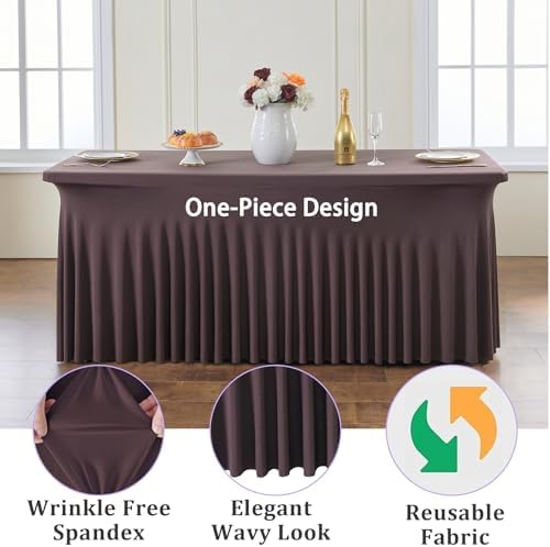 4 Pack Brown Spandex Table Clothes for 8 Foot Rectangle Tables, Wrinkle Free Fitted Table Cover 8ft Stretch Tablecloths Desk Skirt for Parties Weddings Birthday Banquet Baby Shower - Image 2