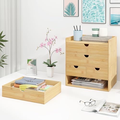 Bamboo Desk Drawer Organizer, Large Desktop Organizer with Drawers Tabletop Storage Organization Box for Office Home Toiletries Supplies Vanity, No Assembly Required (2 Drawer with Shelf) - Image 5