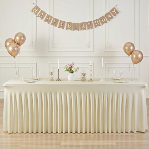 6 Pack 6ft Beige Spandex Tablecloths for Rectangle Tables Wrinkle Free Beige Rectangle Table Cloth Stretch Fitted Table Cover with Skirt for Wedding Birthday Party Banquet Baby Shower Buffet Event - Image 2