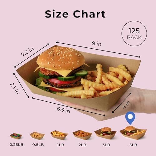 Fit Meal Prep [125 Pack 5 lb Paper Food Trays Heavy Duty Disposable Food Boat, Kraft Brown Nacho Tray for Parties Fairs Picnics Carnivals, Holds Hamburger Snack Fries Grease Resistant - Image 2