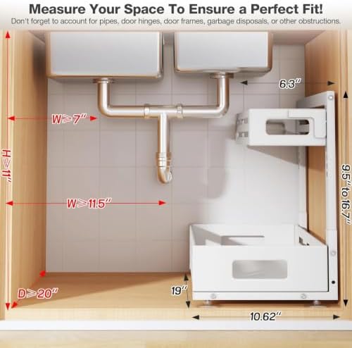 2 Pack 19IN-Depth Under Sink Organizer,Pull Out Cabinet Organizer With Smooth Cylindrical Rail,Metal Slide Out Drawer for Kitchen Bathroom Laundry,8-Level Tool Free Height Adjustable-White - Image 2