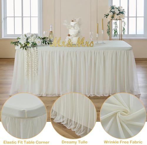 CO-AVE 2pack Ivory Tulle Tablecloth for 6ft Rectangular Tables, 2-in-1 Elastic Stretch Spandex Cover with Tutu Ruffle Skirt, Wrinkle Free for Wedding, Birthday, Banquet, Buffet, Bridal Shower - Image 3