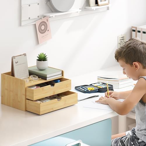 Wisuce Bamboo Desk Drawer Organizer, 2 Drawer Desktop Organizer with Drawers Tabletop Storage Organization Box for Office Home Toiletries Supplies Vanity, No Assembly Required - Image 2