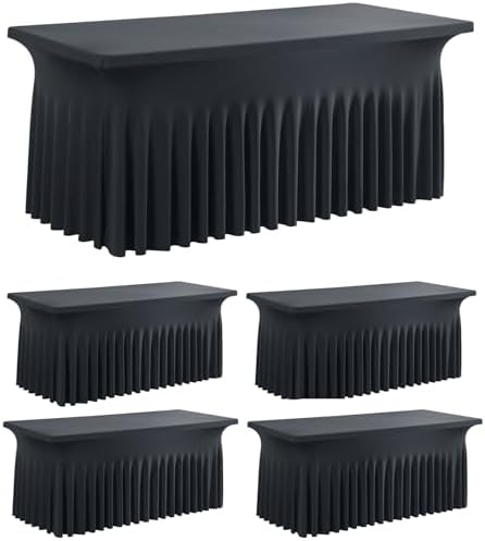 leegleri 4 Pack Black Spandex Table Cloths for 5 Foot Rectangle Tables, Wrinkle Free 5ft Spandex Table Covers Stretch Tablecloths with Skirt-for Banquet Weddings Parties Vendor Display by LeegleriTableSkirt