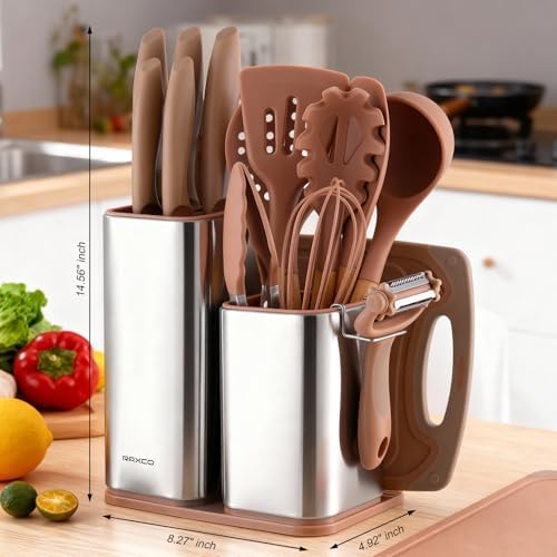 RAXCO Utensil Sets,18-Piece Silicone Cooking Utensils and Knife Set,Mousse | Dishwasher-Safe Kitchen Utensils,Large Capacity Countertop Organizer for Knives,Utensils,Cutting Board - Image 2