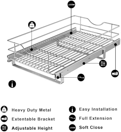 Pull Out Cabinet Organizer, (11½"W x 20" D), Soft Close Pull Out Cabient Drawer, Slide Out Cabient Organizer for pot and pan Kitchen Base Cabinet, Pantry Organization, Bathroom, Wire Basket - Image 3