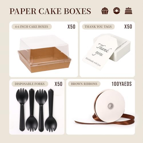 7 x 7 x 4 Inches Paper Cake Boxes with Clear Lids, 50 Pack Brown Charcuterie Boxes Large Square Food Containers, Disposable Bakery Boxes for Valentine's Day 4-6 Inch Bundt Cake, Pie, Dessert - Image 3