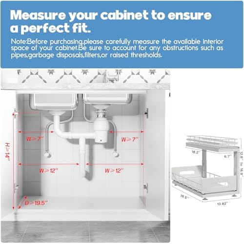 Under Sink Organizer Upgrade To Professional Rails,2-Tier Dual Pull Out Cabinet Storage,Height Adjustable Slide Out Drawers For Bathroom Kitchen,2 Pack-18.5"Dx12.8"-16.9"H,White - Image 2