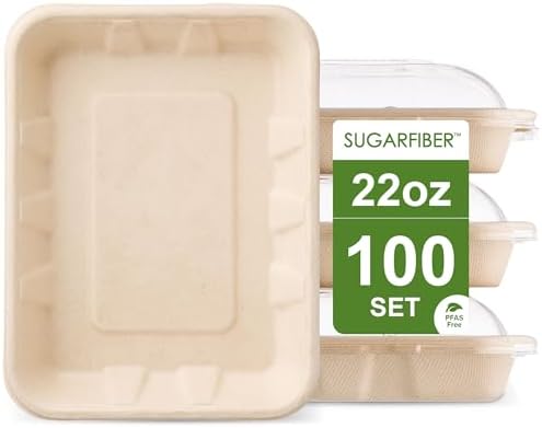 22 oz Compostable Disposable Paper Food Trays with Lids Natural, 100 SET by HarvestPackGOURMETSHOWCASE