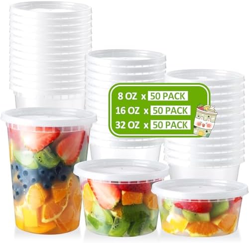 NEEBAKE 150 Set Deli-Containers-with-Lids: [8oz 16oz 32oz] Combo Plastic-Food-Storage-Containers-with-Lids, Microwaveable & Freezer Safe To-Go-Containers, Leak-proof Meal-Prep-Containers by NEEBAKE