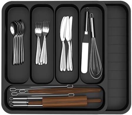 Cutlery Drawer Organiser, Extendable Kitchen Drawer Organiser Storage Trays, Compact Plastic Cutlery Tray for Knives, Forks and Spoons, Large (Black) by HUSAIHU