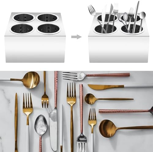 Stainless Steel Utensil Holder, Double Row 4 Holes Commercial Cylinder Flatware Silverware Utensil Holde, Countertop Silverware Organizer for Restaurant Hotel Buffet - Image 4