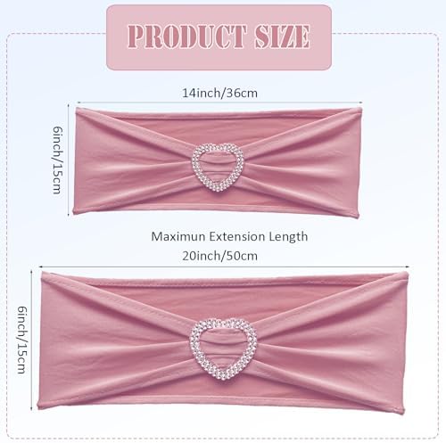 Pink Chair Sashes 100 Pack Spandex Dusty Pink Chair Sashes Bows with Heart Buckle Slider for Wedding Banquet Party Decorations - Image 2