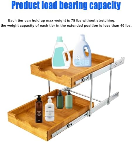 DINDON 2 Tier Wood Pull Out Cabinet Organizer (17" W x 18" D) Heavy-Duty Metal Sliding Drawer Shelf, Two Tier Pull Out Shelves for Kitchen Cabinets, Pantry, Bathroom… - Image 5