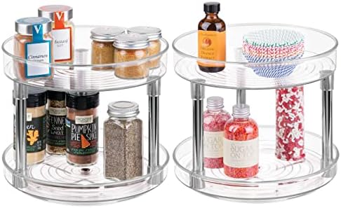mDesign 2-Tier Lazy Susan Turntable for Kitchen Cabinets, Shelf, Table, Countertop, 9" Multi Level Rotating Organizer Carousel, Storage Turntable Organizer, Ligne Collection, 2 Pack, Clear/Chrome by mDesign