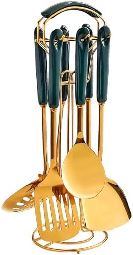 Novellus Stainless Steel Gold Kitchen Utensils Set with Holder, 7pcs Green | Kitchen Accessories for Cooking Includes Soup Ladle, Metal Spatula, Slotted Spoon, Slotted Spatula, Pasta Spoon, Green by Unknown