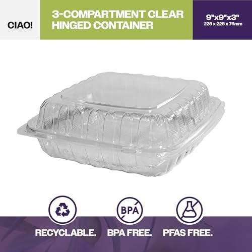 CIAO! 9"x9"x3" 3 Compartment PP Plastic Clear Hinged Container for Take Out (Case of 150) - Image 3