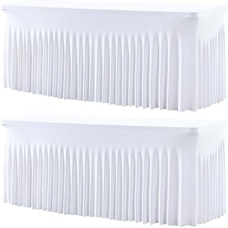 2 Pack White Spandex Table Covers & Table Skirt for 6FT Rectangle Tables - Fitted 6 Foot Stretch Fabric Tablecloth with Pleats, Wrinkle Free for Weddings, Parties, Craft Fairs & Folding Tables by HBBMAGIC