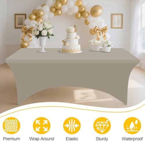 Smiry 2 Pack Spandex Table Cloth 4FT, Elastic Fitted Taupe Tablecloth - Image 3