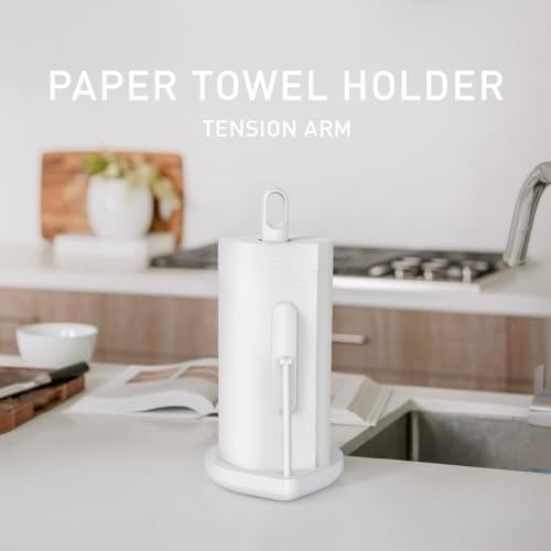 simplehuman Tension Arm Countertop Paper Towel Holder, Easy One-Handed Tear, Standing Weighted Base with Finger Loop, Heavy Duty, White Steel - Image 2