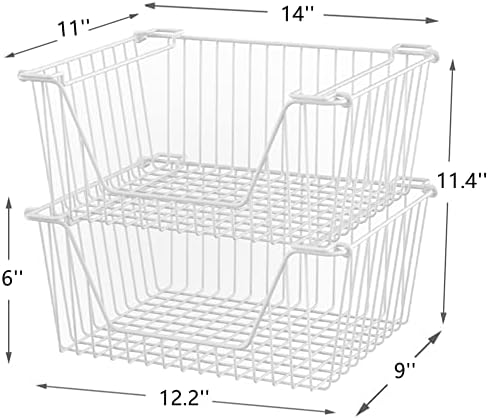 Slideep 14'' Large Stackable Storage Baskets Cabinet Organizer Sturdy Metal Wire Pantry Freezer Bin for Pantry Home Bathroom Kitchen Organization White - 2 Pack - Image 4