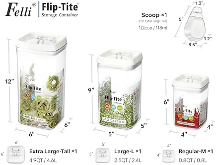 Felli Flip Tite Acrylic Food Storage Container with Lid 6” XL Air Tight Ring Seal Flip Top, Plastic Kitchen Baking Canister for 5 lb Flour Sugar Rice Protein Powder Pantry Organizer (Nest-M, White) - Image 5