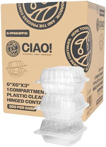 CIAO! 6"x6"x3" 1 Compartment PP Plastic Clear Hinged Container for Take Out (Case of 300) by Ciao