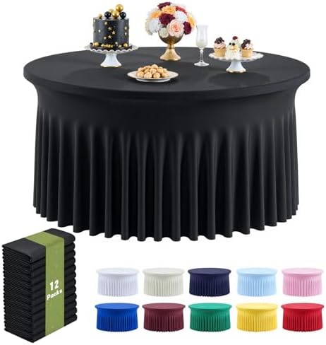 Outpain 12 Pack Black 72in/6FT Round Spandex Tablecloth,132inch Stretchy Fitted Black Table Cloths,Wrinkle Free Round Table Cloths with Skirt for Wedding Vendor Graduation Banquet by Outpain