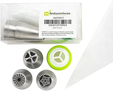 Restaurantware Pastry Tek Russian Piping Tips Set 20 Piece Durable Cake Decorating Kit - 9 Piping Tips 10 Piping Bags Stainless Steel Piping Bags And Tips Set 1 Tri-Color Coupler by Restaurantware