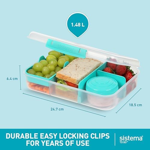 Sistema To Go 1.48L (2-Pack) Bento Box Food Storage Containers, School Lunch Boxes with Removable Dividers & Snack Pot, Two 1.48L Containers, Freezer, Microwave, & Dishwasher-Safe, BPA-Free - Image 5