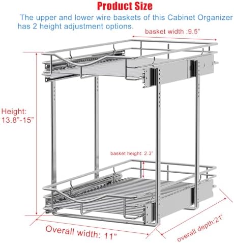 DINDON 2 Tier Pull Out Cabinet Organizer (11" W X 21" D), Double Tier Wire Basket Slide Out Shelf Storage for Kitchen Base Cabinet Organization ​for Kitchen, Pantry, Bathroom, Chrome - Image 2