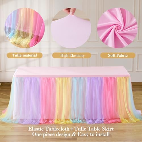 6 Pack 6ft Rainbow Tulle Tablecloths for Rectangle Tables, 6 Foot Rainbow Rectangular Table Cloth Wrinkle Free Tablecover with Tutu Skirt for Baby Shower Girls Birthday Party Banquet Buffet Cake - Image 6
