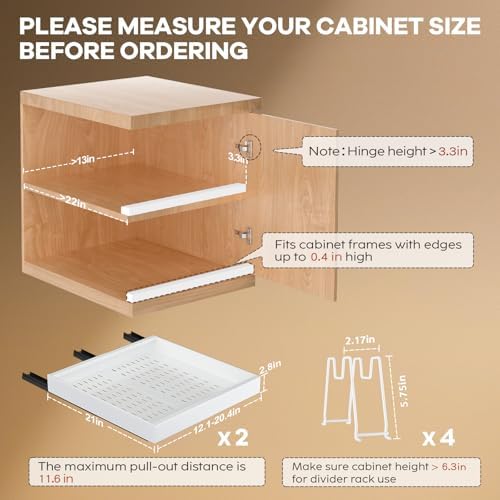 Seinloes 2Pack Pull out Cabinet Organizer 21"Deep with 4 Adjustable Dividers,Expandable（12.1"-20.4"W） Pots and Pans Organizer Under Cabinet with Raising Pad for Framed Cabinets,Slide out Drawers,White - Image 2