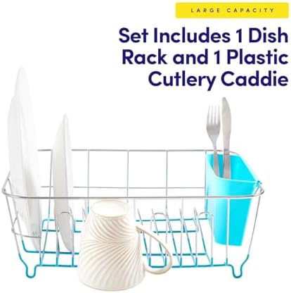 Dish Drying Rack & Cutlery Holder 2 Piece Set - Compact Sink-Fitting Dish Drainer with Rubberized Undercoating, Space-Saving Kitchen Organizer for Plates, Cups, Bowls & Utensils in Sink, Turquoise - Image 3