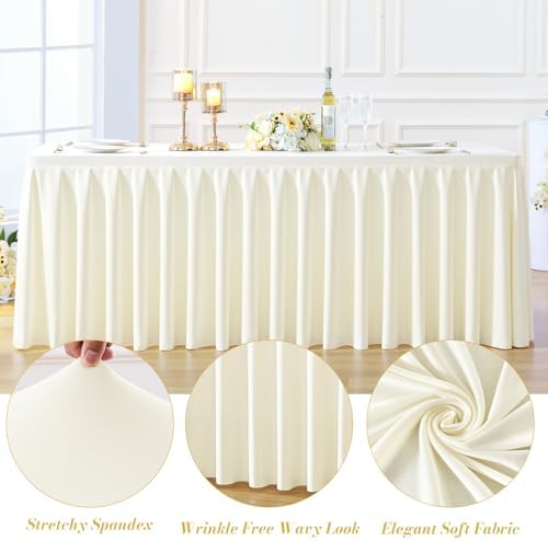 8 Pack Ivory Rectangle Tablecloth 8 FT Stretch Spandex Fitted Table Cloth for 8 Foot Rectangle Tables Banquet Tablecloths Wrinkle Free Table Cover Skirt Ruffle Tablecloth for Party Wedding Birthday - Image 6