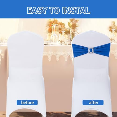Joccun 120 PCS Spandex Chair Sashes Bows Stretch Chair Cover Band with Buckle Slider Universal Elastic Chair Ties for Wedding Banquet Party Event Decoration (Royal Blue) - Image 4