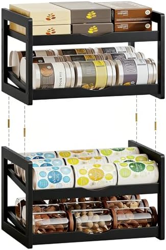 BAMBANG Can Organizer for Pantry, Detachable Bamboo 4 Tier Stackable Can Food Storage Rack, Rolling Soda Can Dispenser Can Holders for Cabinet, Holds Up to 48 Cans, Black by BAMBANG