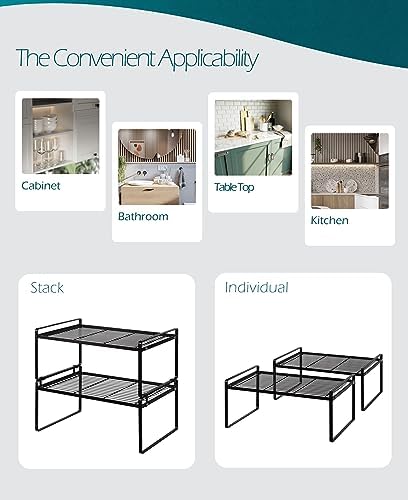 Shantton Cabinet Shelf Organizer, Pantry Shelf Rack, Black 16.1x10.6x7.3 | 2-Pack Stackable Metal Riser Holds 40LBS with Non-Slip Feet for Kitchen Pantry Bathroom Countertop Freezer Cupboard - Image 4