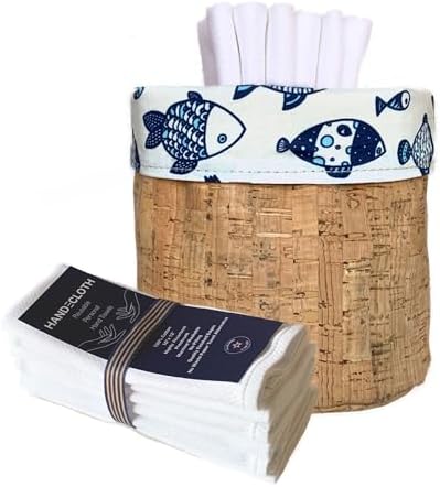 Reusable Paper Towel Set/Towels & Cork Fabric Basket/American Made/Machine Washable/Absorbent and Durable Edges and No Pilling/Reversible (Fish & Cork Bin, 12 Cloths) by HANDECLOTHbyTutenago