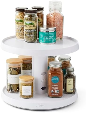 YouCopia Crazy Susan Two-Tier Turntable, Height-Adjustable Lazy Susan Organizer for Kitchen Cabinet and Pantry Organization and Storage, White by YouCopia
