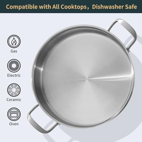 Yeksum Saute Pan with Lid, 5 Quart Tri-Ply Stainless Steel Saute Pan, 12inch Deep Frying Pan with Lid, Large Skillet, Rondeau Pot Compatible with All Cooktops Up to 600℉ - Image 4
