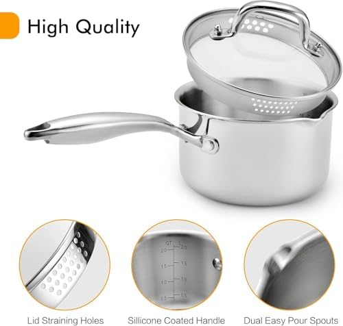 Stainless Steel Saucepan with Glass Lid, 3.0 Quart Multipurpose Sauce Pan with Cover, Sauce Pot Induction Cooking Pot- Easy Pour with Ergonomic Handle - Image 4