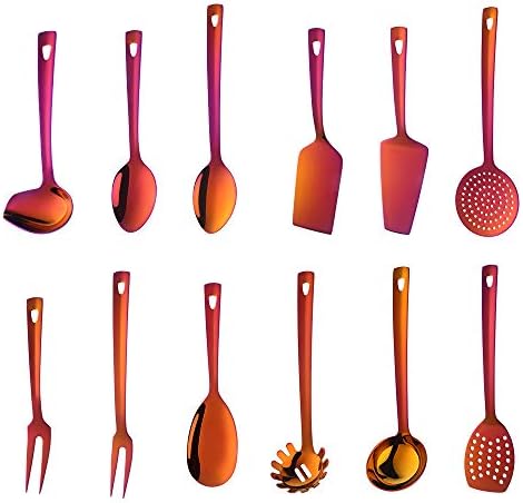 12 Pcs Cooking Utensil Set, Stainless Steel Orange Titanium Plated Cookware Sets with Public Fork/Spoon, Cake Shovels, Spatula, Ladles, Solid Spoon, Slotted Spoon, Pasta Server, Kitchen Tool Gadget by Unknown