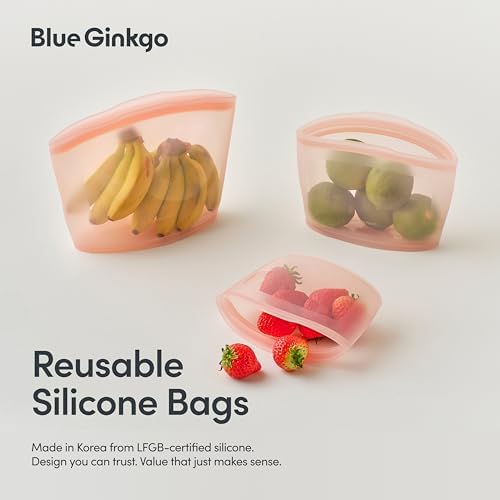 Blue Ginkgo Silicone Food Storage Bags, 4-Pack, Reusable, Made in Korea | Leakproof. Stand Up. Freezer and Dishwasher Safe. (Peach) - Image 2