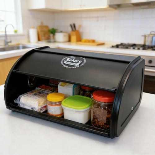 Vintage Roll-Top Bread Box, Black Stainless Steel Farmhouse - Image 4