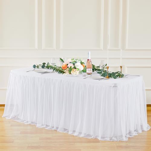 2 Pack White Tulle Tablecloths for 6 Foot Rectangular Tables, 6ft Wrinkle Free Spandex White Table Cover with Tutu Skirt for Wedding Bridal Shower Birthday Party Banquet Baby Shower Events Decorations - Image 3
