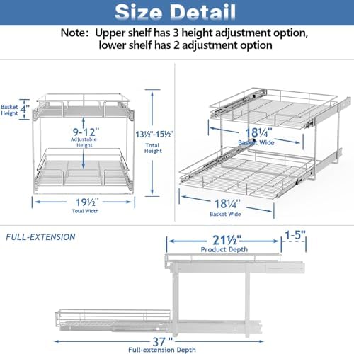 2 Tier Individual Pull Out Cabinet Organizer 19½" W x 21½" D, Heavy Duty Cabinet Pull Out Shelves, Slide Out Drawers Organization for Kitchen Cabinets Bathroom - Image 3