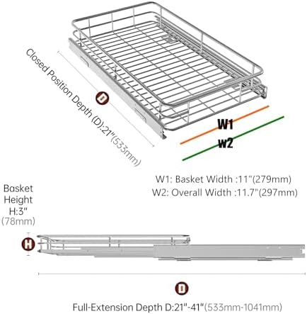 JOWBOOW Pull Out Shelves For Kitchen Cabinets 11" W x 21" D, Chrome | Heavy-Gauge Wire Kitchen Cabinet Organizer, 100 lbs Capacity, Ball-Bearing Glides, Min 12" Opening, Under Sink Organizer - Image 3