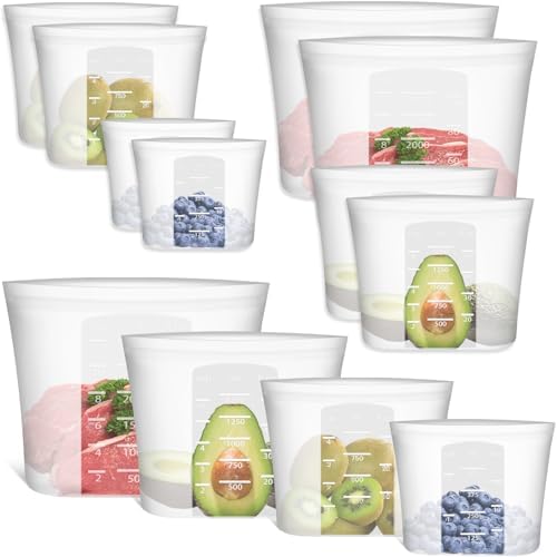 Reusable Storage Bag, 8 Pack 100% Silicone Food Storage Bags Stand Up Zip Lock Bags for Food, Freezer Microwave Oven Dishwasher Safe, 2 X-Large(0.8 Gallon) 2 Medium 2 Small 2 X-Small, Translucent by Annaklin