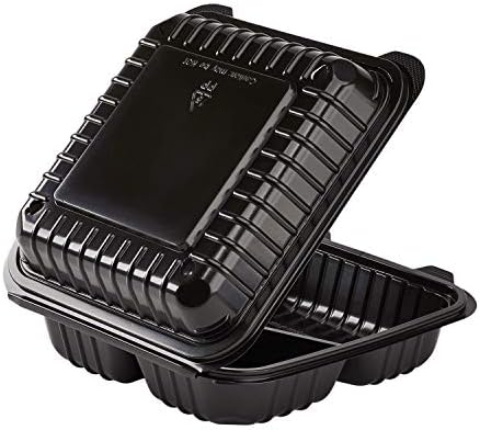 Karat Clamshell Take Out Food Containers [8"x8" - 250 ct] 3-Compartment, Durable, Microwavable, Stackable, Crack-Resistant To Go Boxes | Black - Image 4